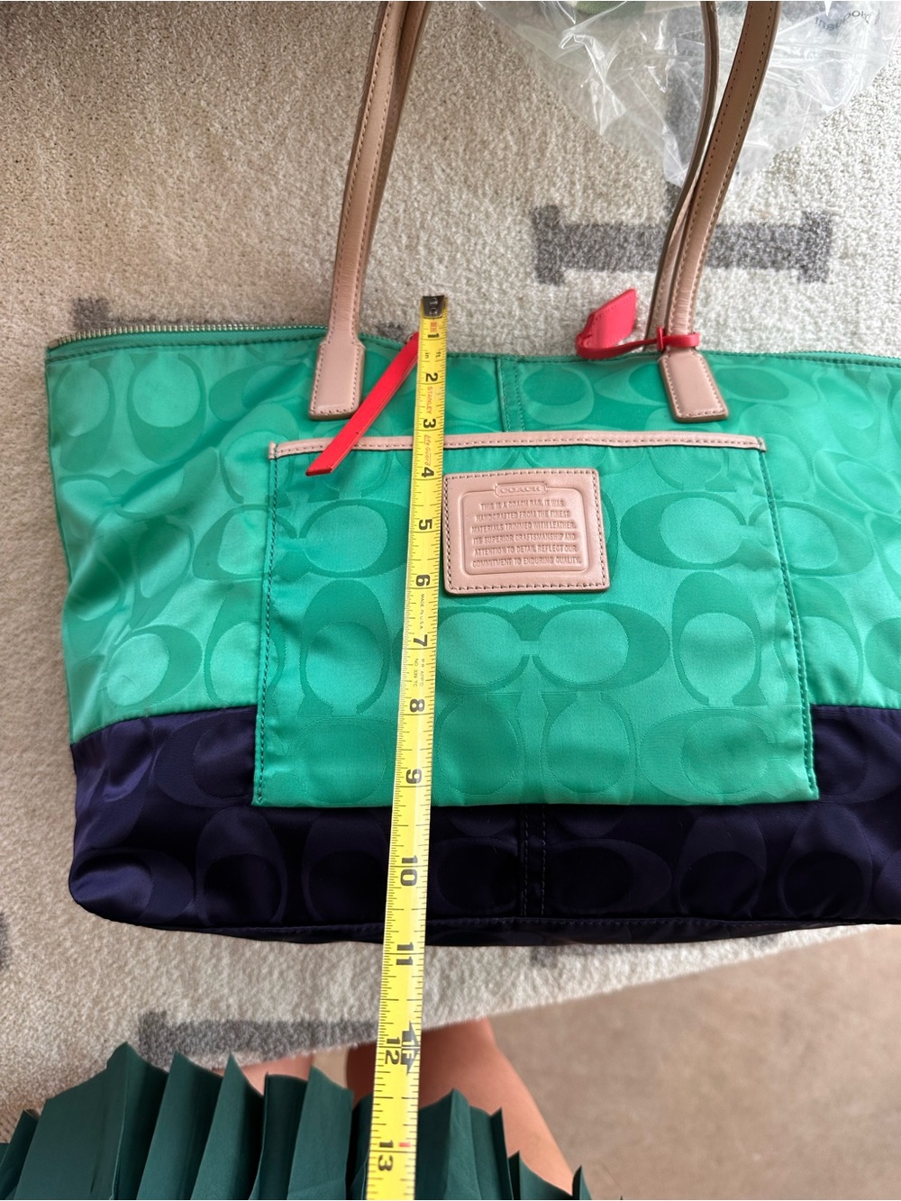 Coach Green and Navy Signature Tote with Tan Handles